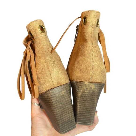 93 Vintage Womens Open Toe Ankle Boots Lace Up Tan Side Zip Vegan 9.5 - Picture 4 of 16